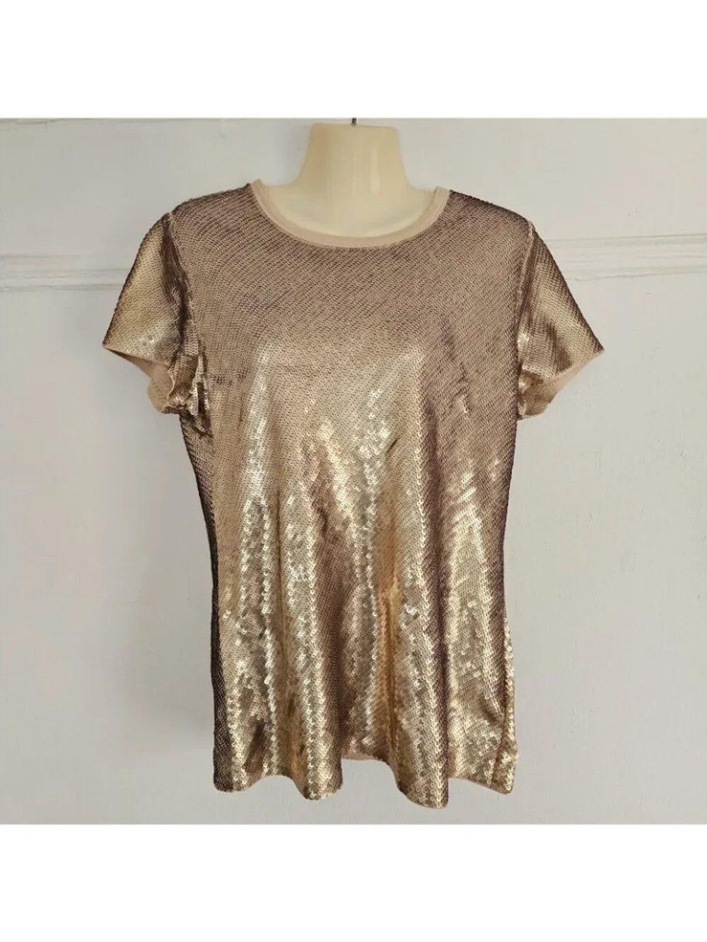 MICHAEL MICHAEL KORS Women's Crew Sequin T-Shirt, Golden, Large, Top Blouse
